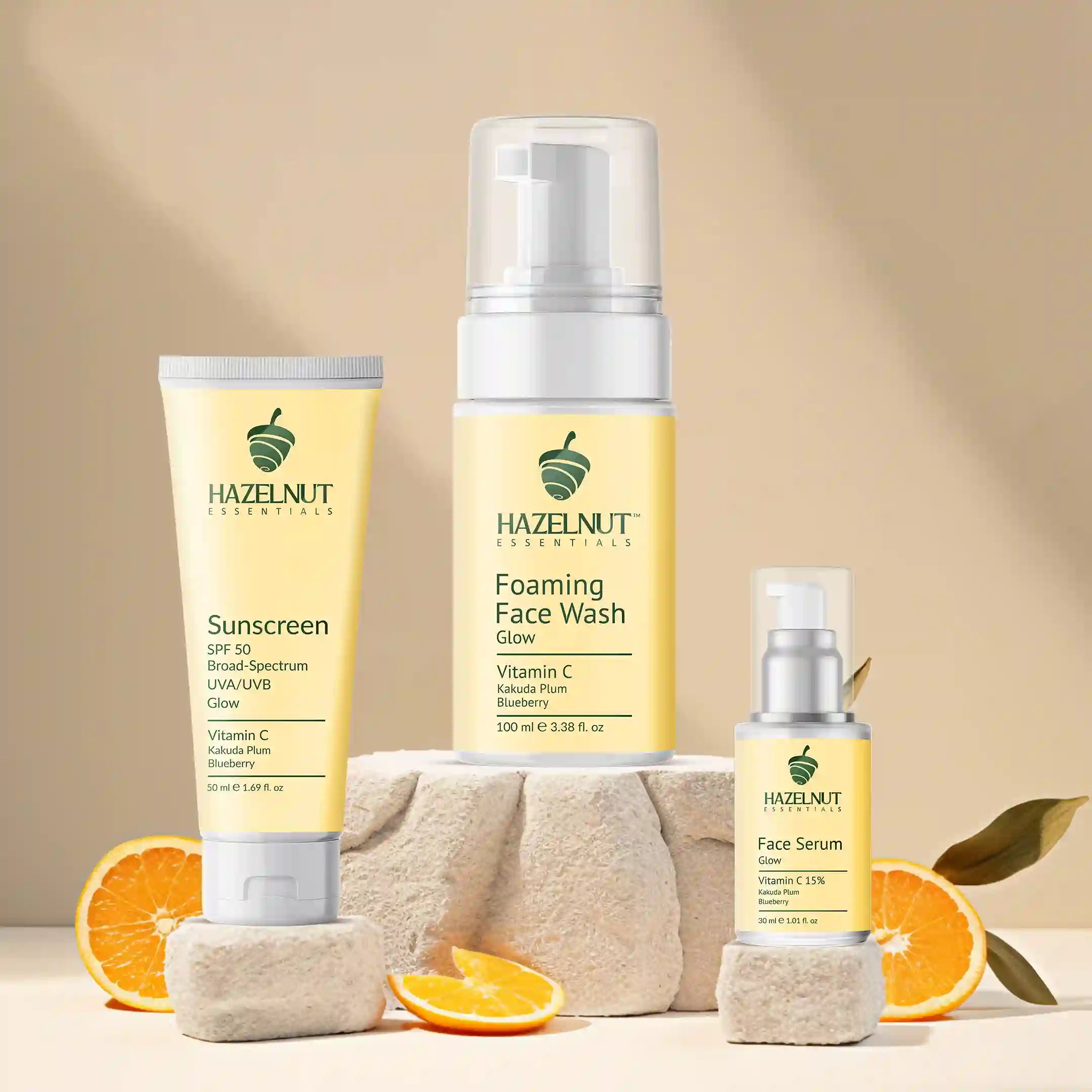 Glow | Vitamin C Foaming face wash, Vitamin C Serum, Vitamin C Sunscreen