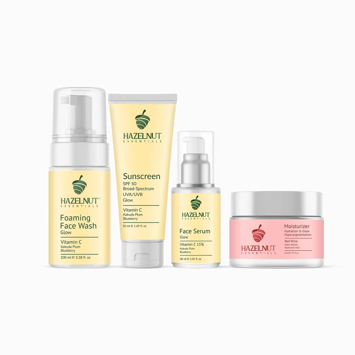 Glow & Hyperpigmentation | Vitamin C Foaming Face wash, Vitamin C Serum, Red Wine Moisturizer, Vitamin C Sunscreen